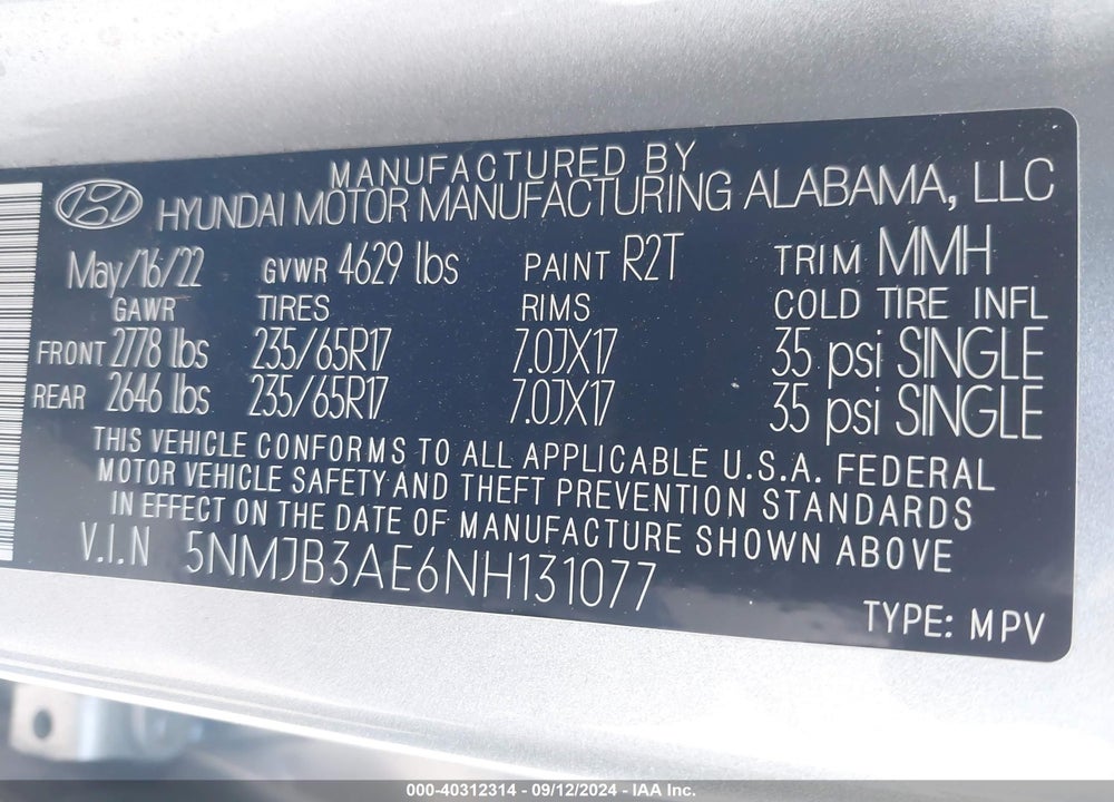 2022 HYUNDAI TUCSON SEL VIN: 5NMJB3AE6NH131077