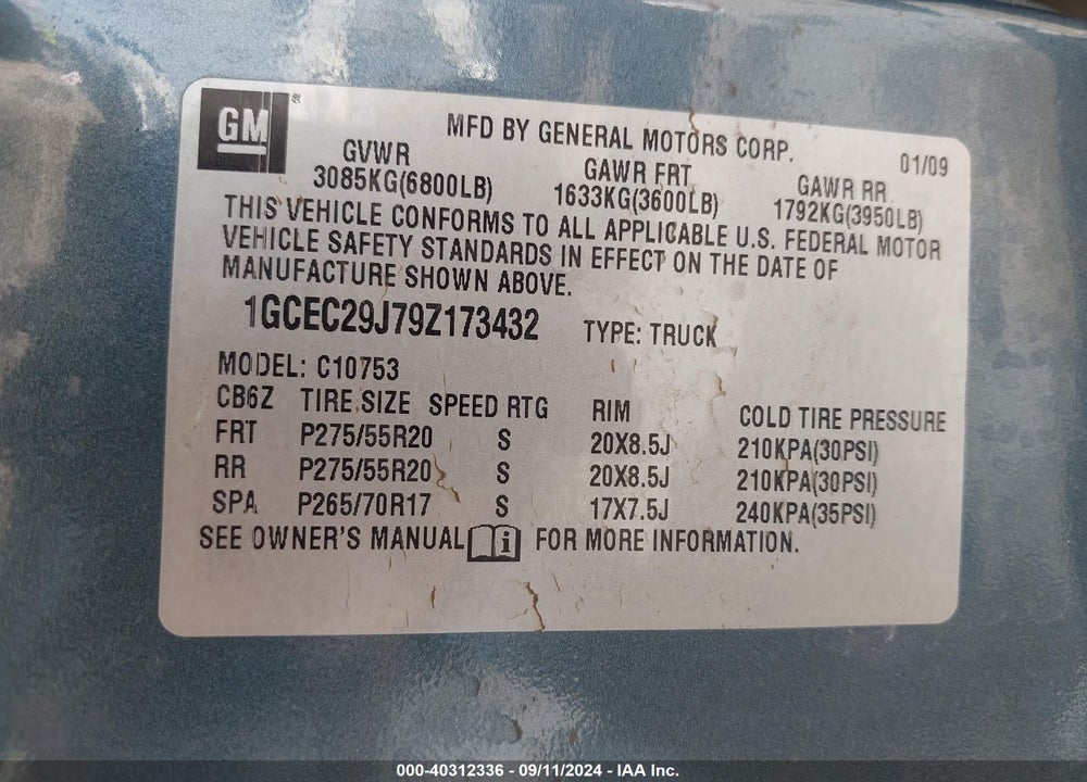 2009 CHEVROLET SILVERADO 1500 LT VIN: 1GCEC29J79Z173432