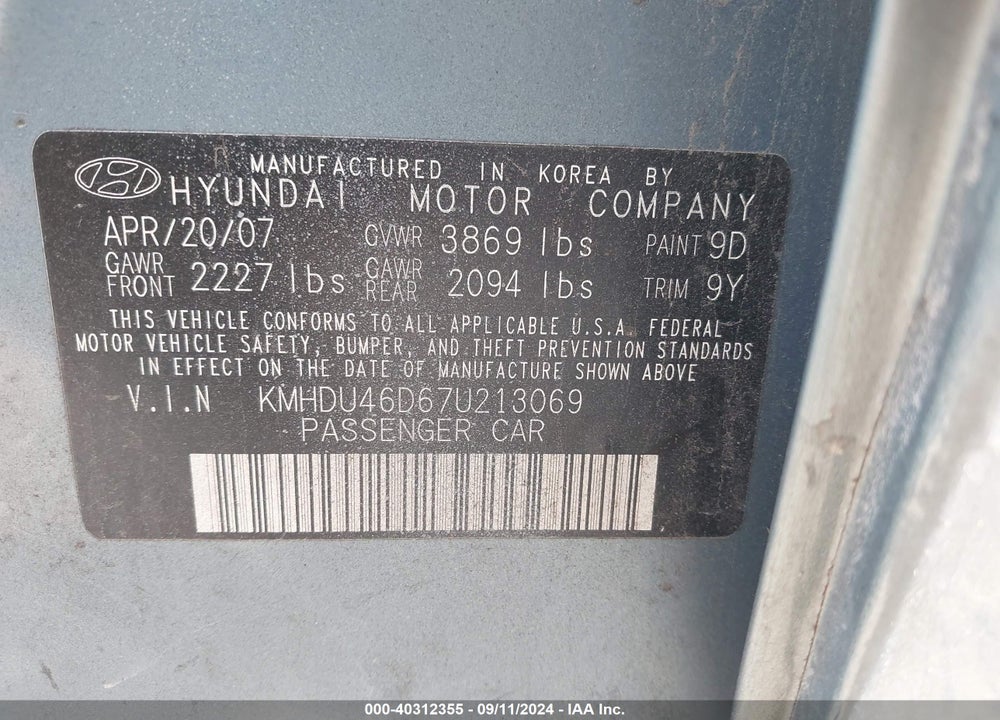 2007 HYUNDAI ELANTRA GLS/LIMITED/SE VIN: KMHDU46D67U213069