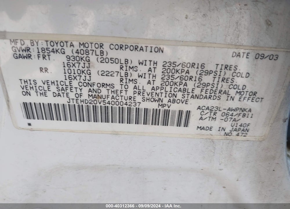 2004 TOYOTA RAV4 VIN: JTEHD20V540004237