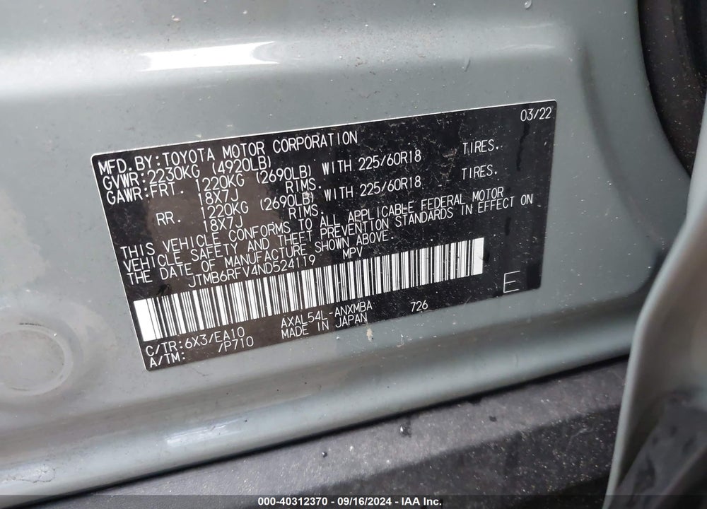 2022 TOYOTA RAV4 HYBRID XLE PREMIUM VIN: JTMB6RFV4ND524119