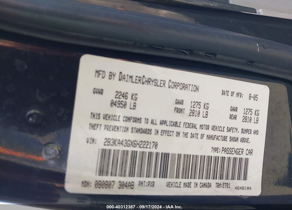 2006 DODGE CHARGER VIN: 2B3KA43GX6H222170