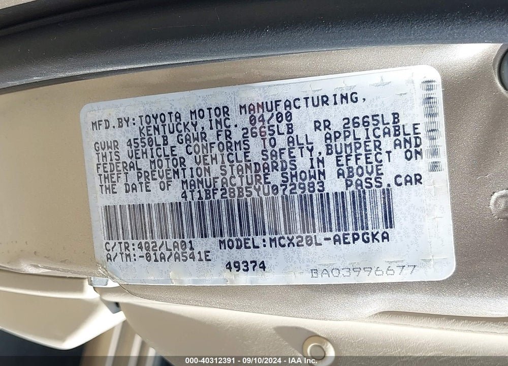 2000 TOYOTA AVALON XLS VIN: 4T1BF28B5YU072983