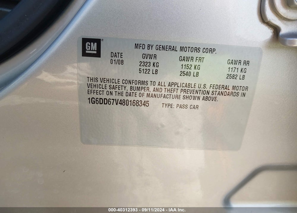 2008 CADILLAC STS V6 VIN: 1G6DD67V480168345