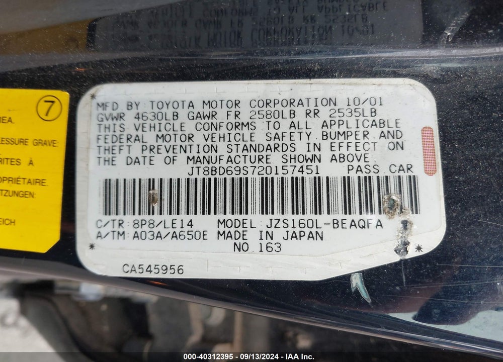 2002 LEXUS GS 300 VIN: JT8BD69S720157451
