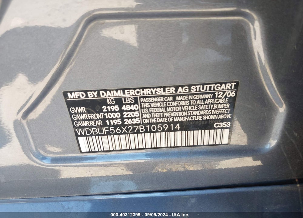 2007 MERCEDES-BENZ E 350 VIN: WDBUF56X27B105914