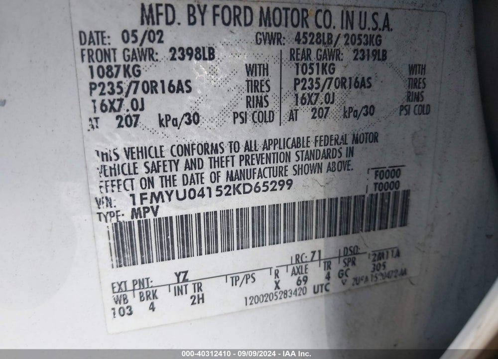 2002 FORD ESCAPE XLT VIN: 1FMYU04152KD65299
