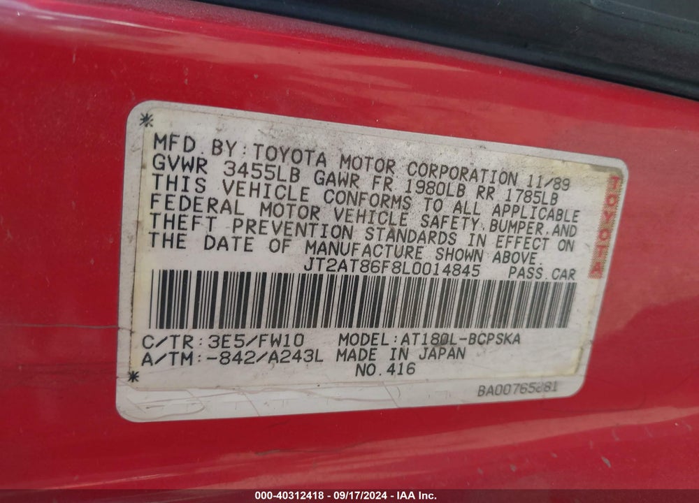 1990 TOYOTA CELICA ST VIN: JT2AT86F8L0014845