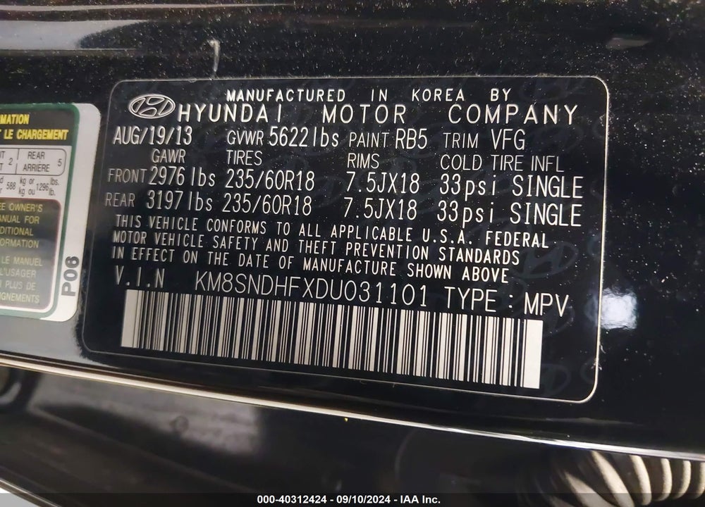 2013 HYUNDAI SANTA FE GLS VIN: KM8SNDHFXDU031101
