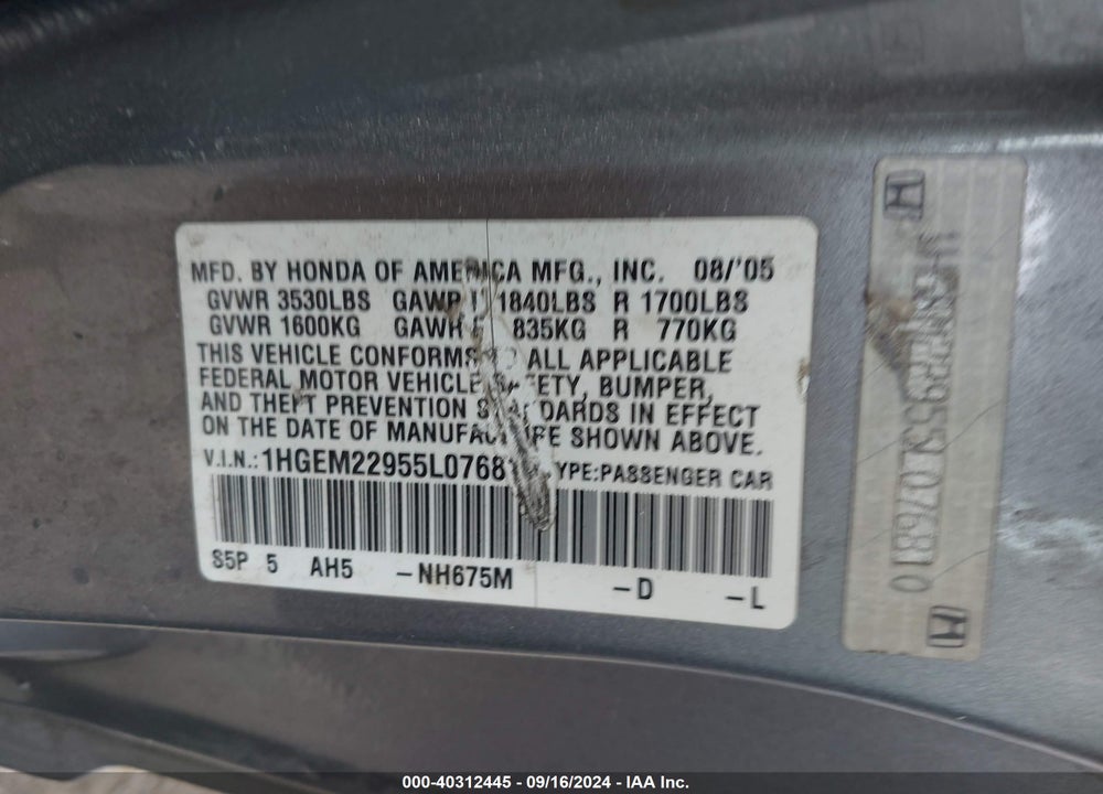 2005 HONDA CIVIC EX VIN: 1HGEM22955L076810
