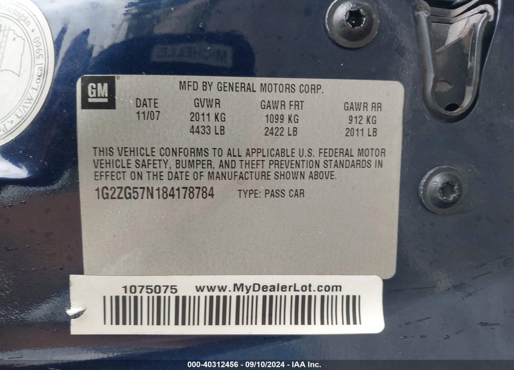 2008 PONTIAC G6 VIN: 1G2ZG57N184178784