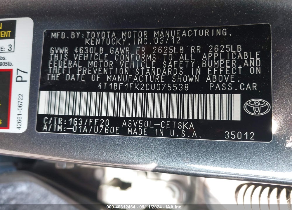 2012 TOYOTA CAMRY SE VIN: 4T1BF1FK2CU075538