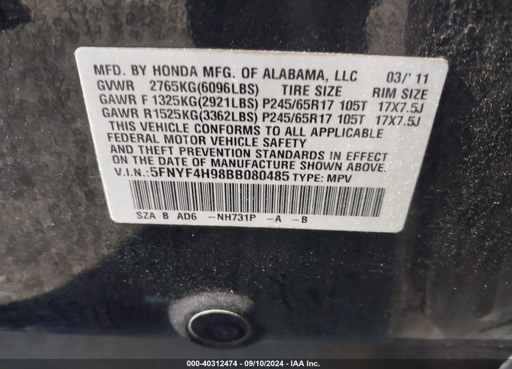 2011 HONDA PILOT TOURING VIN: 5FNYF4H98BB080485