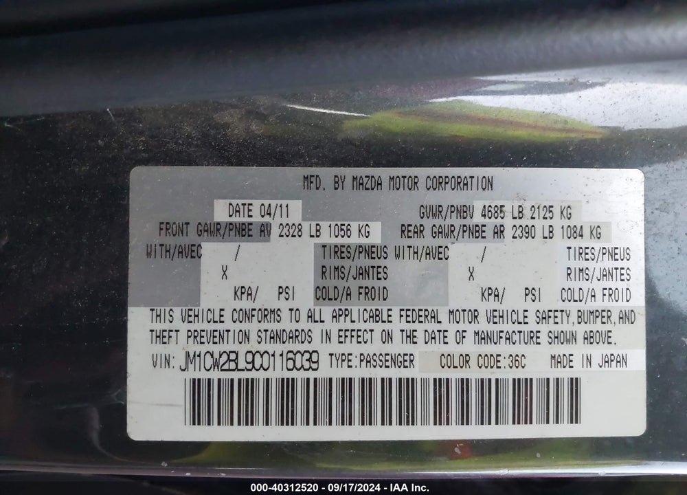 2012 MAZDA 5 SPORT VIN: JM1CW2BL9C0116039
