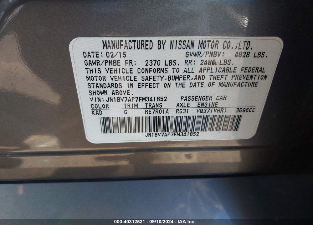 2015 INFINITI Q50 PREMIUM VIN: JN1BV7AP7FM341852