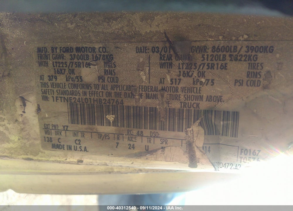 2001 FORD E-250 COMMERCIAL/RECREATIONAL VIN: 1FTNE24L01HB24764