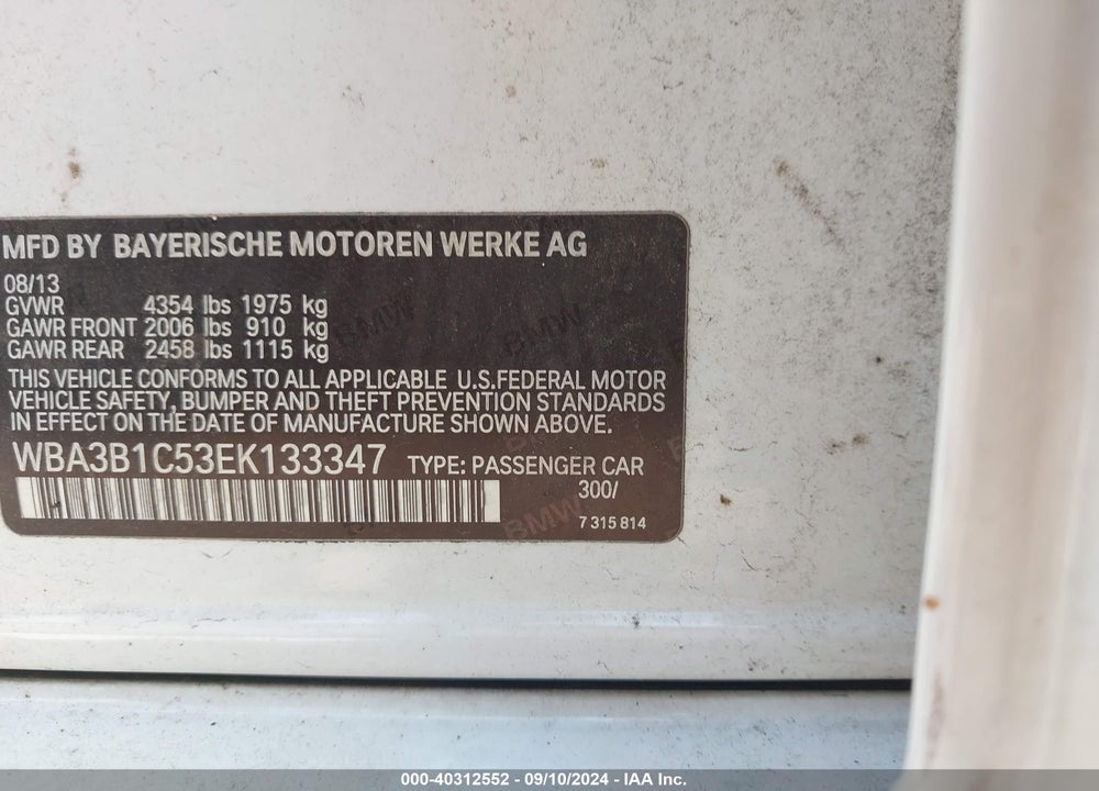 2014 BMW 320I VIN: WBA3B1C53EK133347
