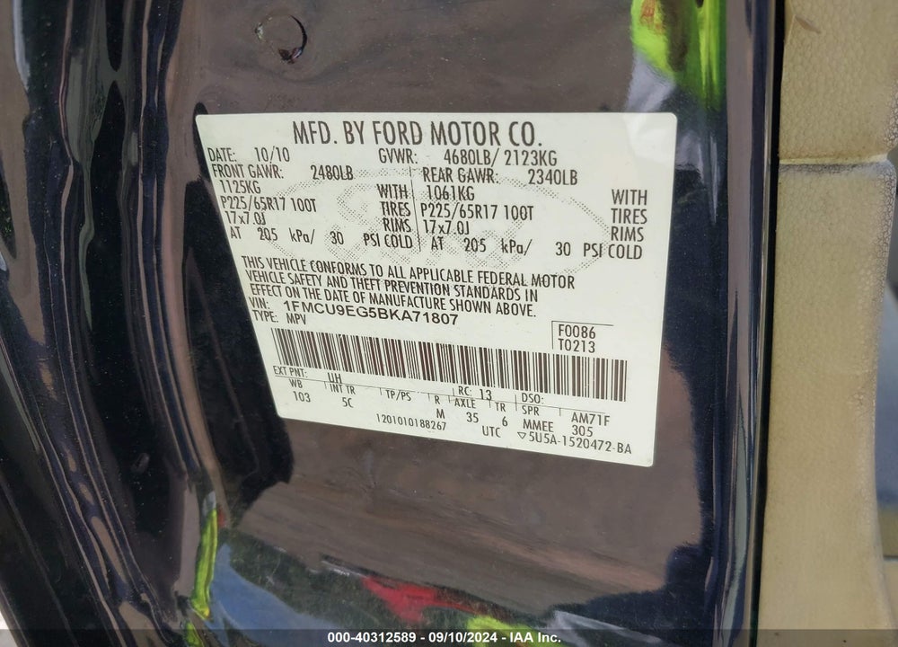 2011 FORD ESCAPE LIMITED VIN: 1FMCU9EG5BKA71807