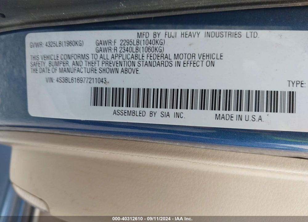 2007 SUBARU LEGACY 2.5I VIN: 4S3BL616977211043