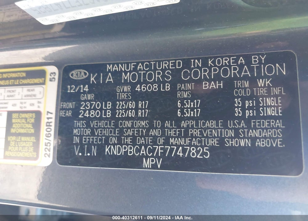 2015 KIA SPORTAGE VIN: KNDPBCAC7F7747825