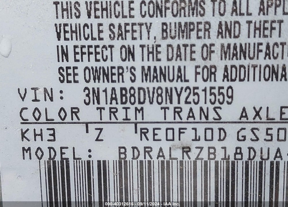 2022 NISSAN SENTRA SR XTRONIC CVT VIN: 3N1AB8DV8NY251559