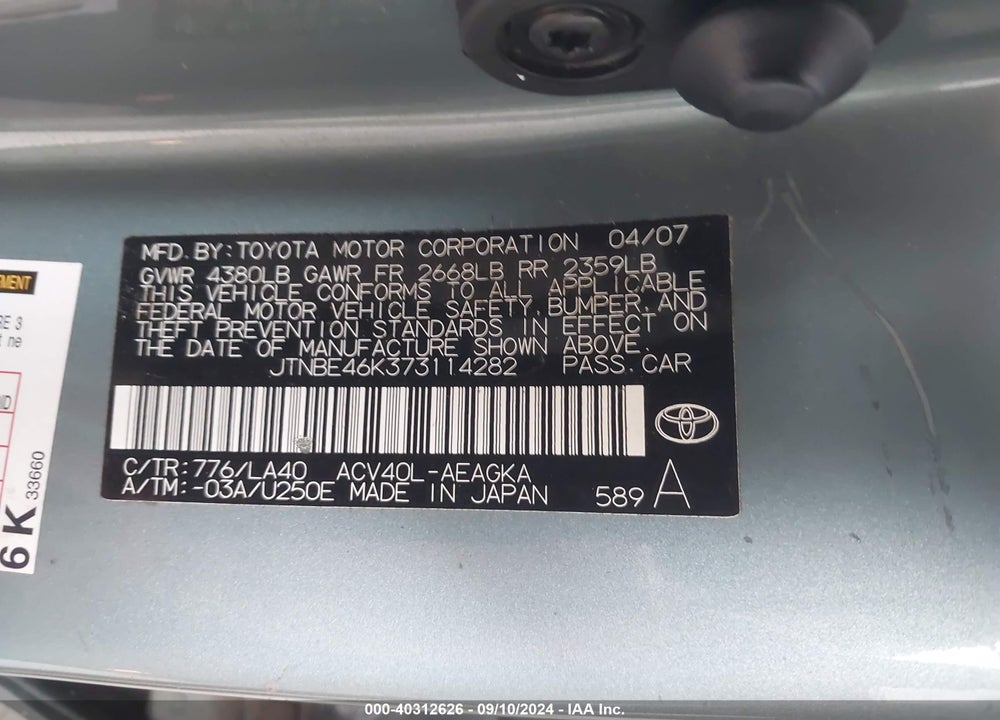 2007 TOYOTA CAMRY XLE VIN: JTNBE46K373114282