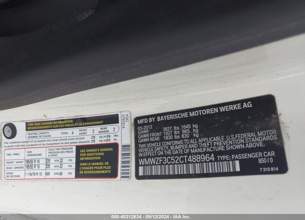 2012 MINI COOPER CLUBMAN VIN: WMWZF3C52CT488964