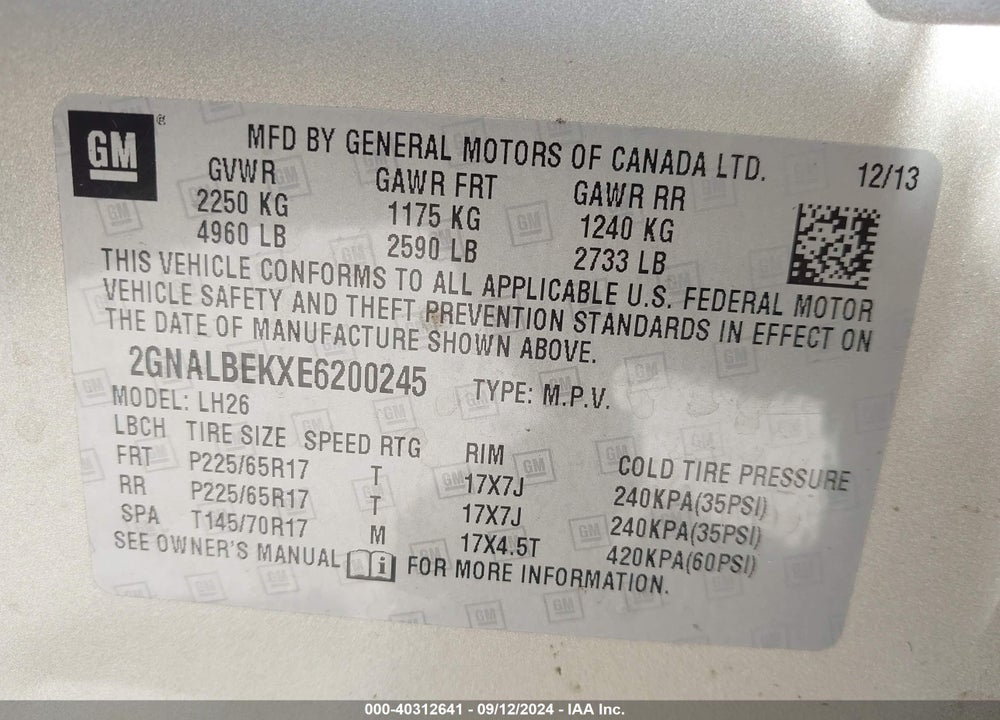 2014 CHEVROLET EQUINOX 1LT VIN: 2GNALBEKXE6200245