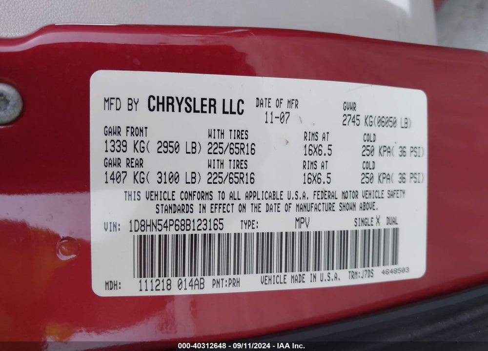 2008 DODGE GRAND CARAVAN SXT VIN: 1D8HN54P68B123165