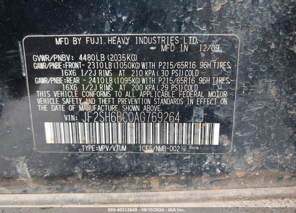 2010 SUBARU FORESTER 2.5X VIN: JF2SH6BC0AG769264