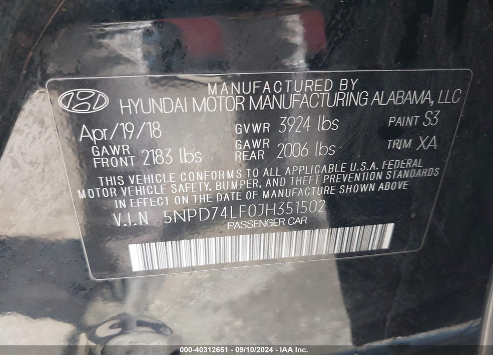 2018 HYUNDAI ELANTRA VIN: 5NPD74LF0JH351502