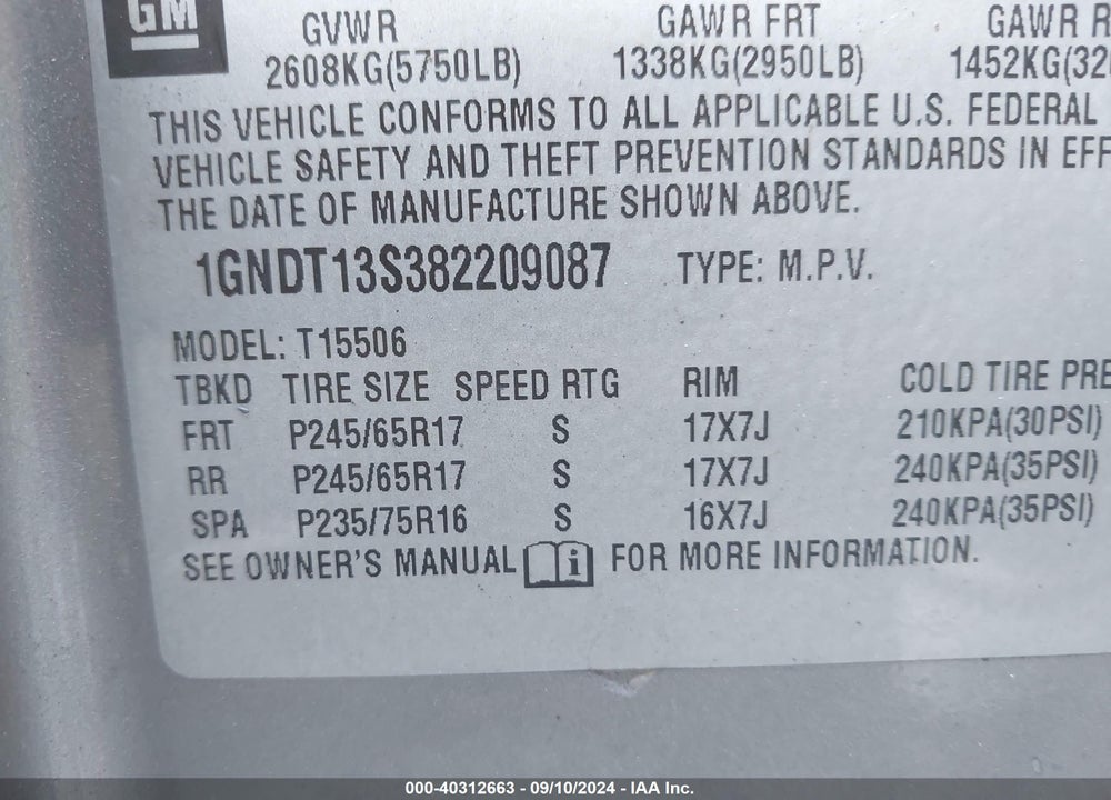 2008 CHEVROLET TRAILBLAZER LT VIN: 1GNDT13S382209087