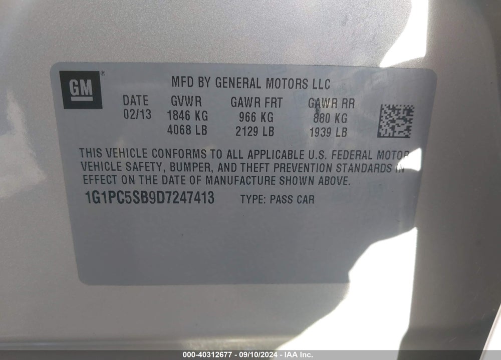 2013 CHEVROLET CRUZE 1LT AUTO VIN: 1G1PC5SB9D7247413