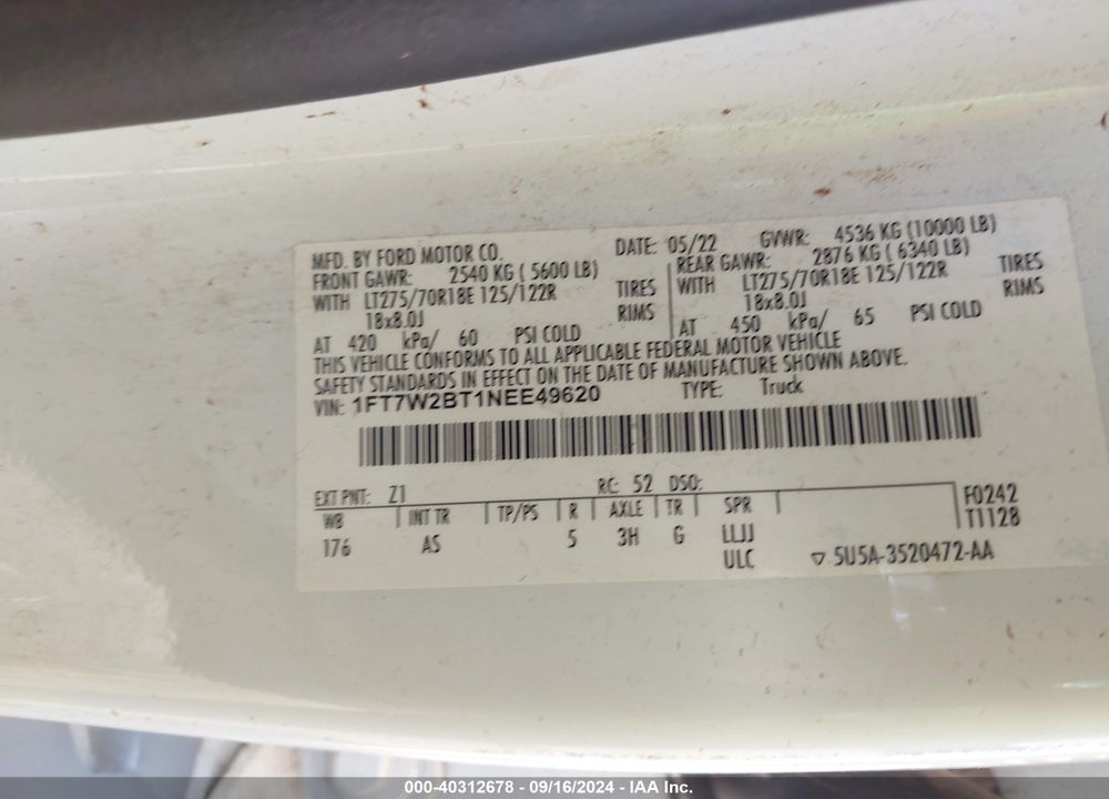 2022 FORD F-250 XL VIN: 1FT7W2BT1NEE49620