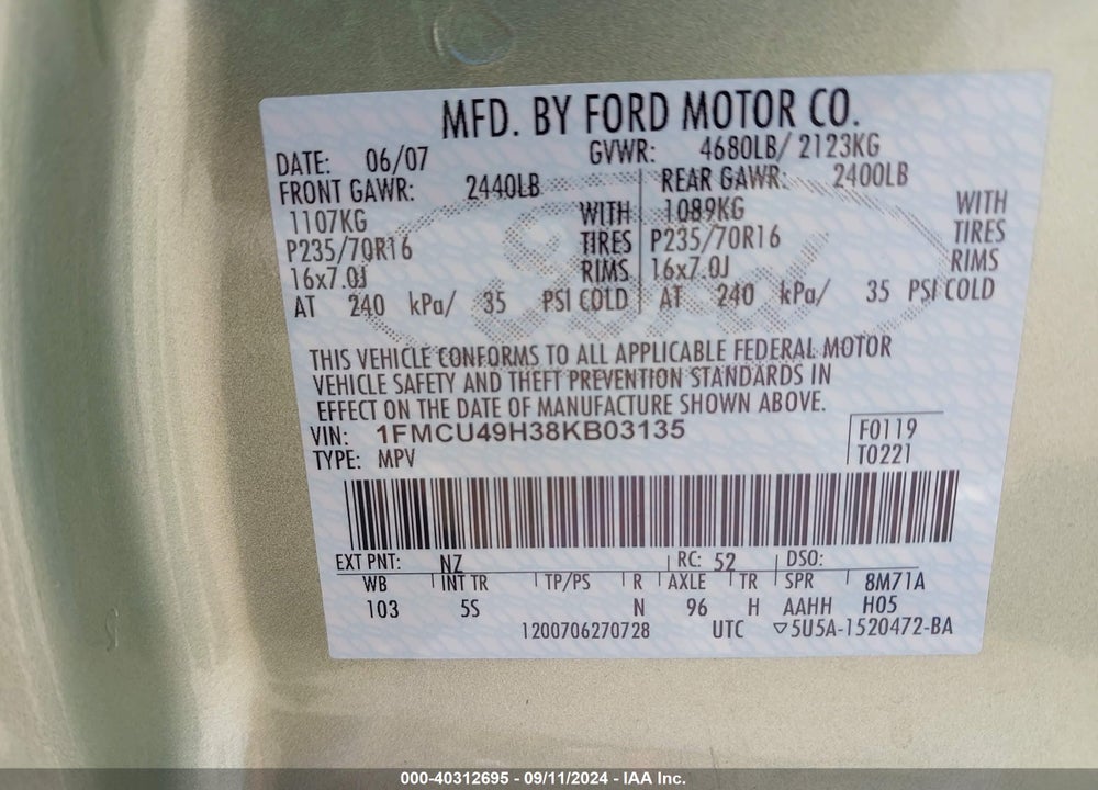 2008 FORD ESCAPE HYBRID VIN: 1FMCU49H38KB03135