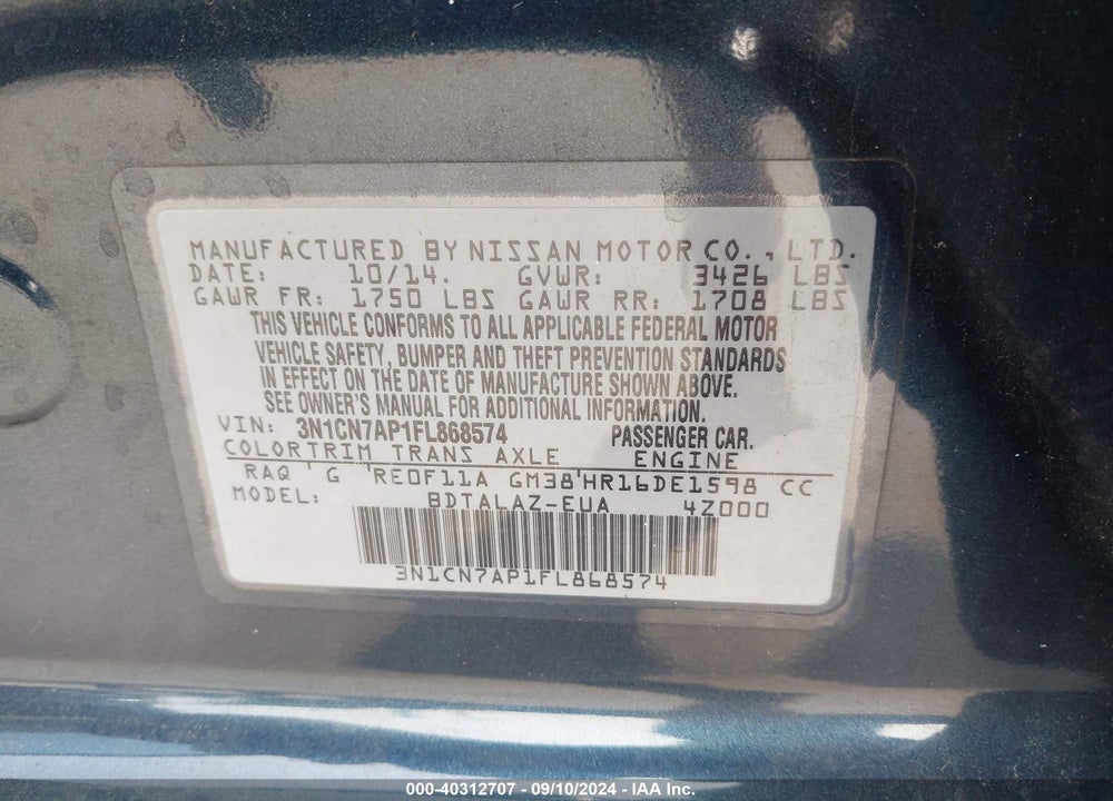 2015 NISSAN VERSA 1.6 S+ VIN: 3N1CN7AP1FL868574