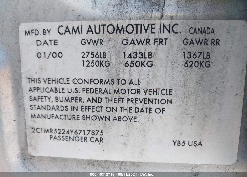 2000 CHEVROLET METRO LSI VIN: 2C1MR5224Y6717875