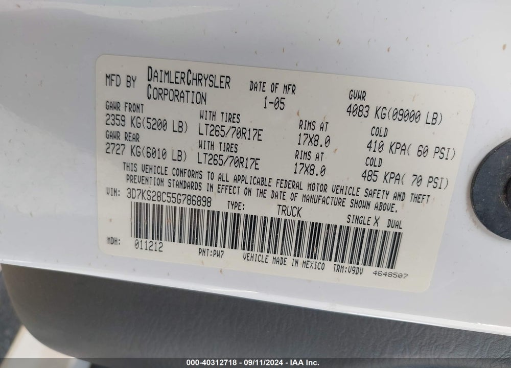2005 DODGE RAM 2500 SLT/LARAMIE VIN: 3D7KS28C55G786898