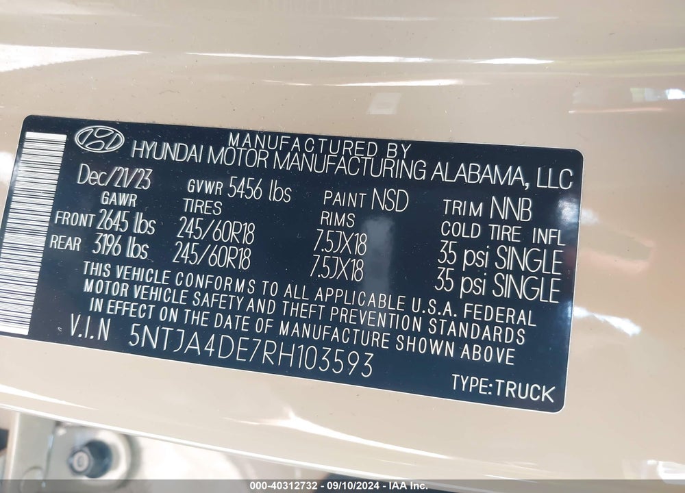 2024 HYUNDAI SANTA CRUZ SE VIN: 5NTJA4DE7RH103593