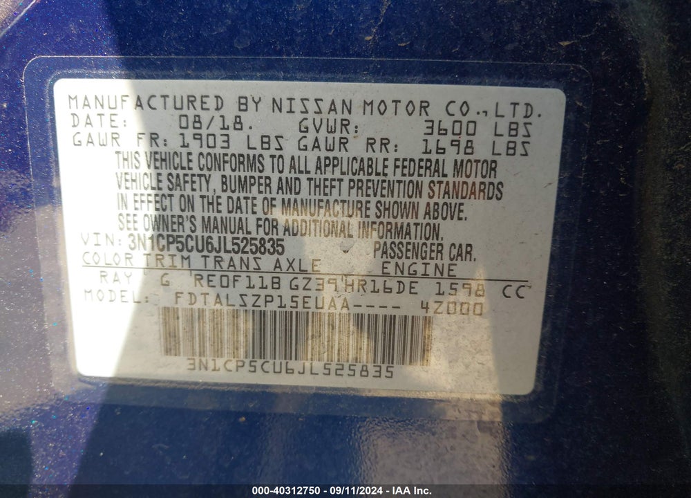 2018 NISSAN KICKS SV VIN: 3N1CP5CU6JL525835