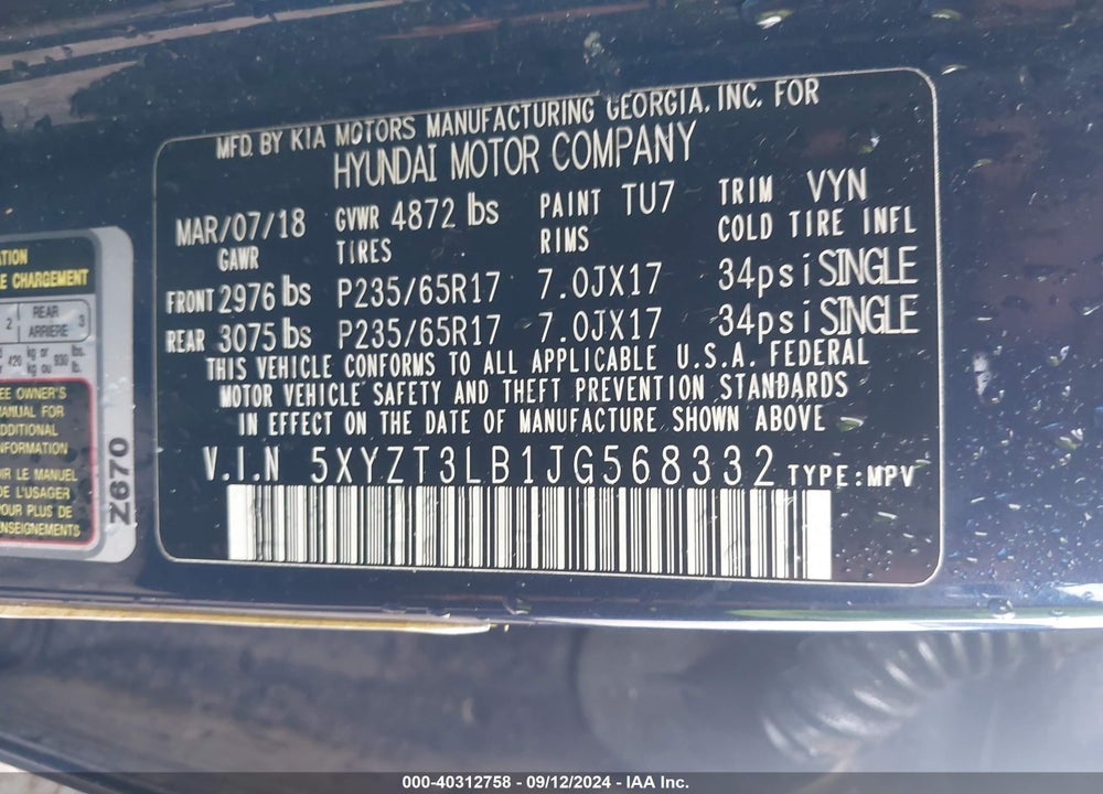 2018 HYUNDAI SANTA FE SPORT 2.4L VIN: 5XYZT3LB1JG568332