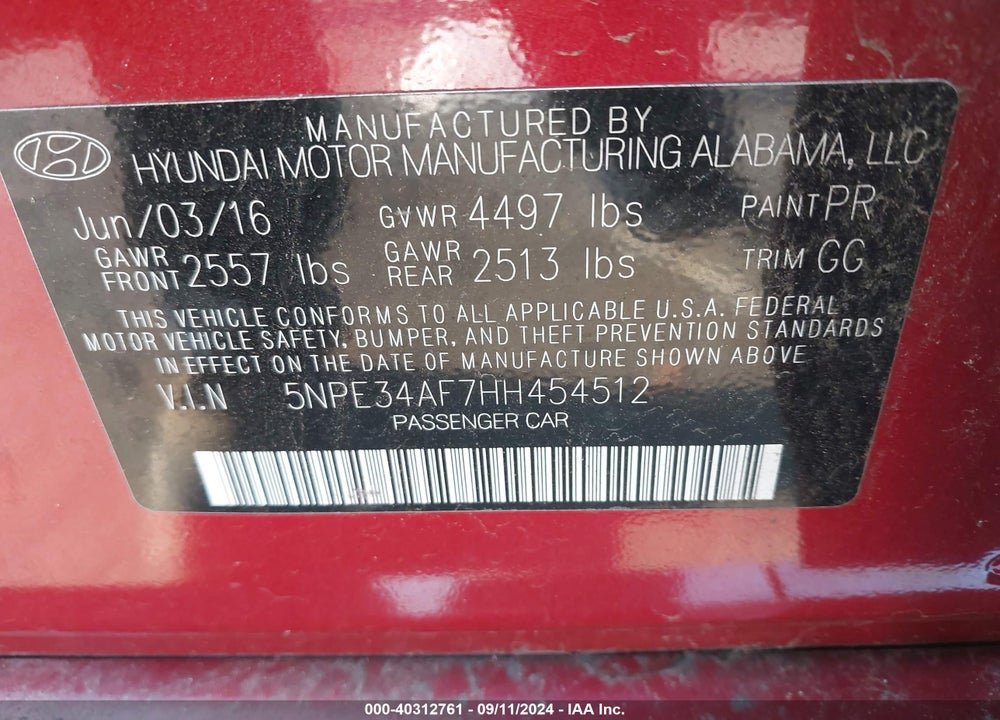 2017 HYUNDAI SONATA SPORT VIN: 5NPE34AF7HH454512