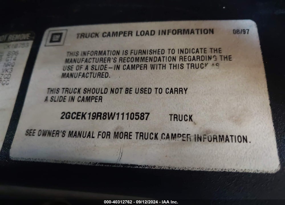 1998 CHEVROLET K1500 FLEETSIDE VIN: 2GCEK19R8W1110587