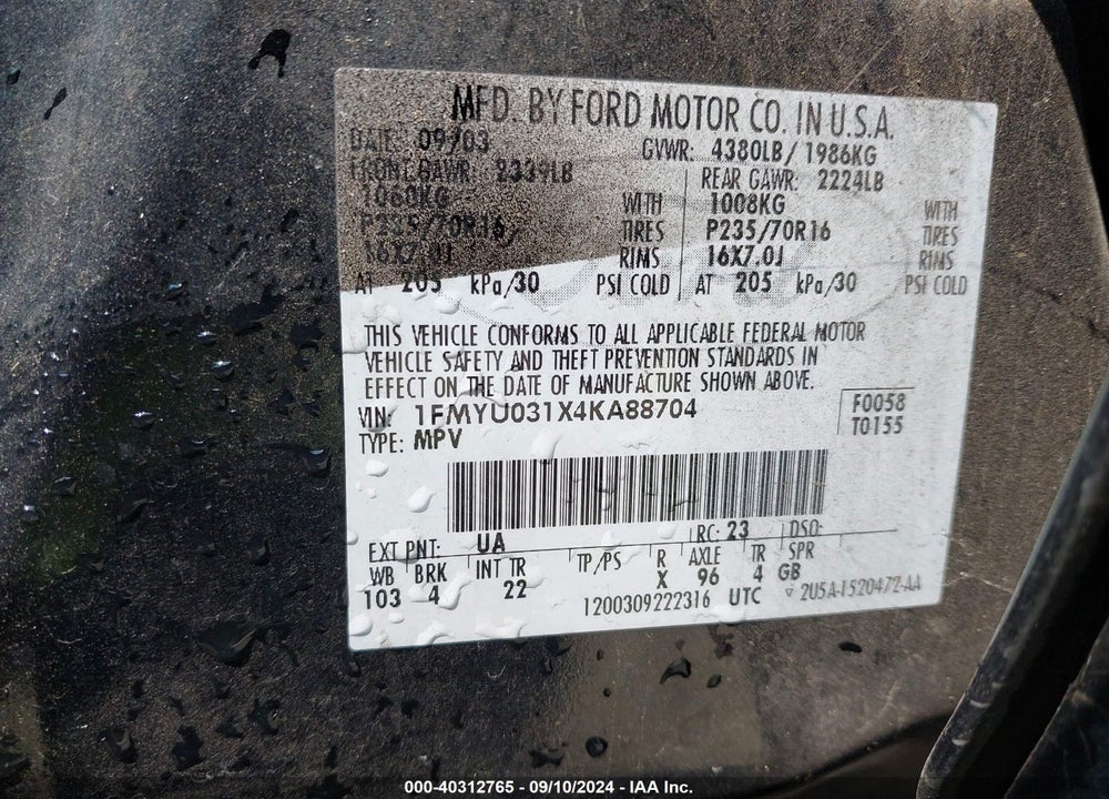 2004 FORD ESCAPE XLT VIN: 1FMYU031X4KA88704