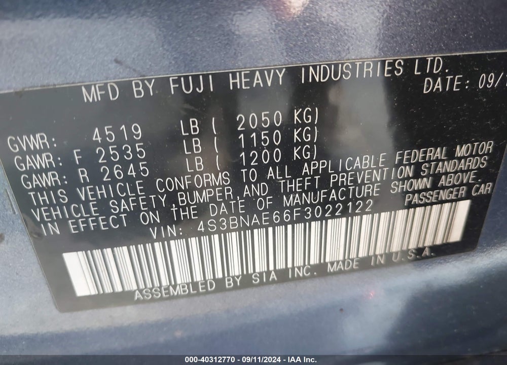 2015 SUBARU LEGACY 2.5I PREMIUM VIN: 4S3BNAE66F3022122