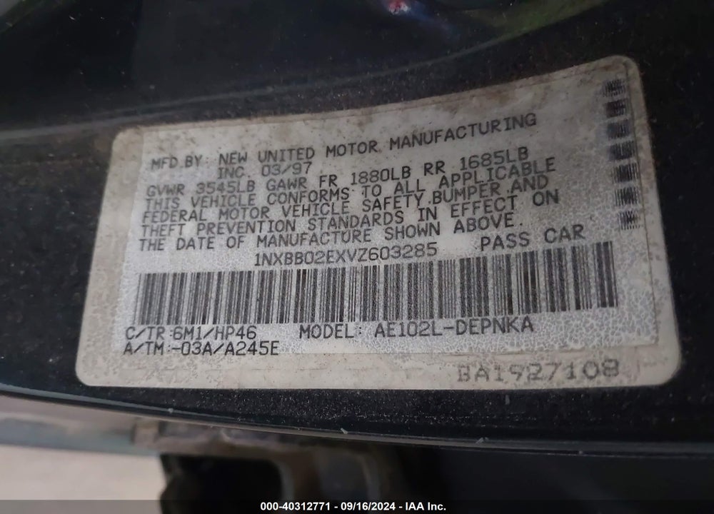 1997 TOYOTA COROLLA DX VIN: 1NXBB02EXVZ603285