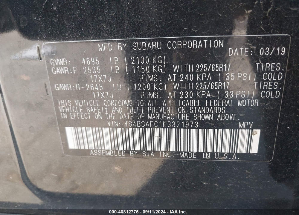 2019 SUBARU OUTBACK 2.5I PREMIUM VIN: 4S4BSAFC1K3321973