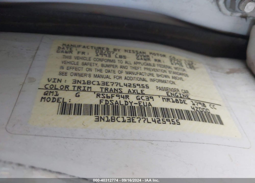 2007 NISSAN VERSA 1.8S VIN: 3N1BC13E77L425955