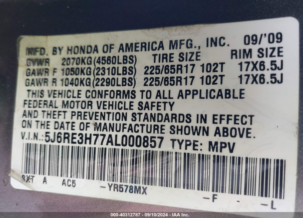2010 HONDA CR-V EX-L VIN: 5J6RE3H77AL000857