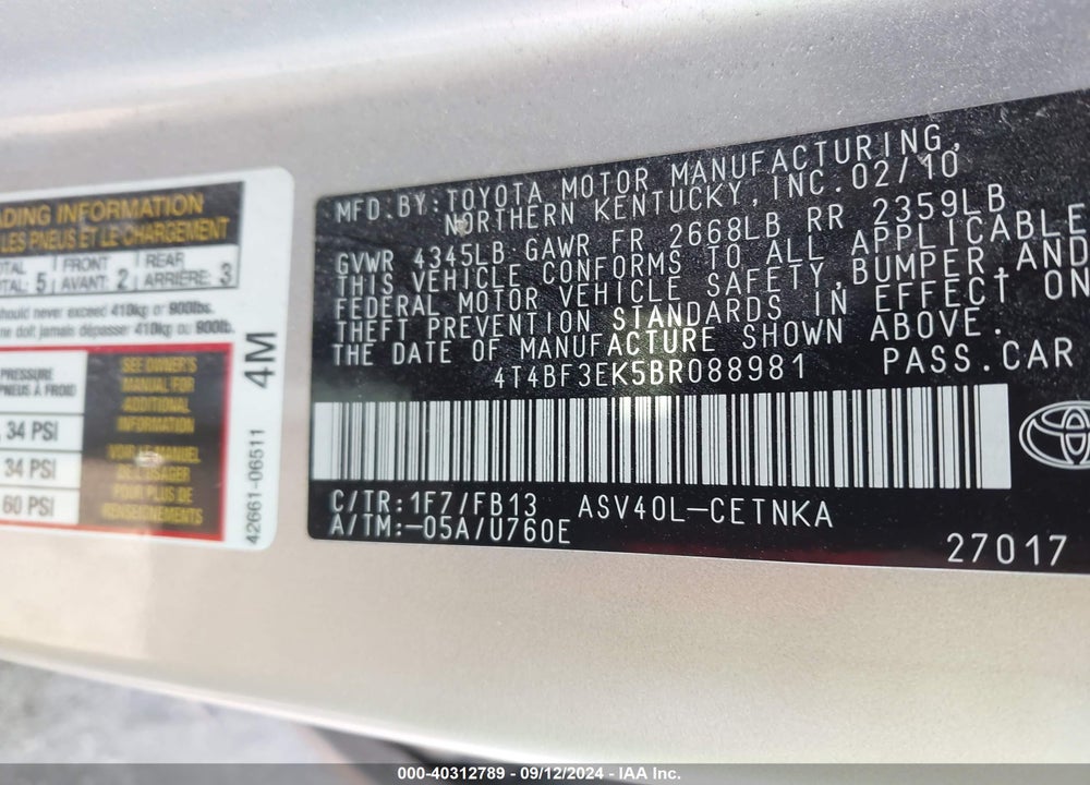 2011 TOYOTA CAMRY LE VIN: 4T4BF3EK5BR088981